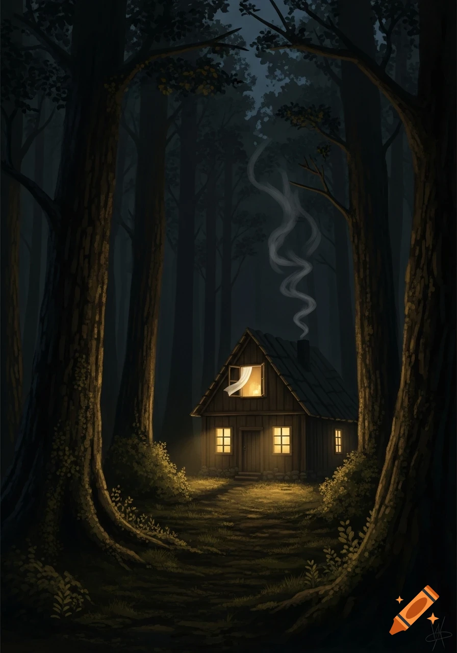 A dark, dense forest surrounds a small, glowing cottage at night, with smoke rising from its chimney, in an illustrative style.
