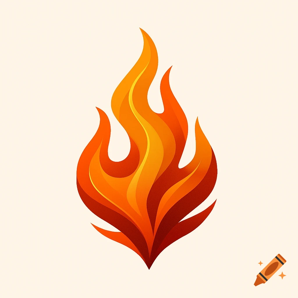 A stylized fire logo with layers of orange, yellow, and red flames on a light background.