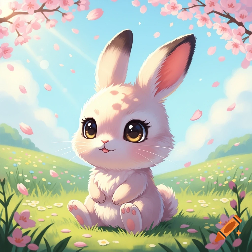 A cute chibi bunny with large eyes sits in a field of green grass and small flowers, with pink cherry blossoms falling from above.