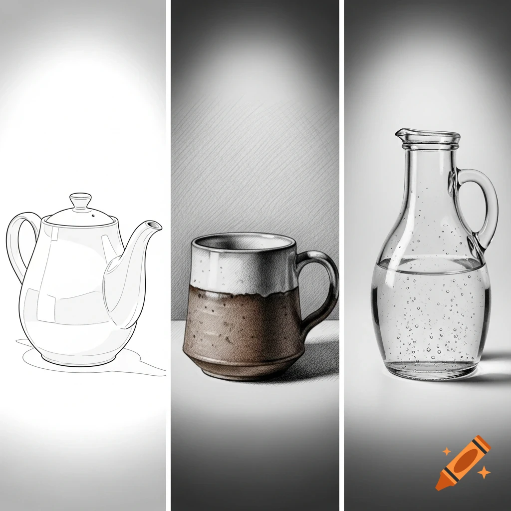 A triptych of drawings: an outline teapot, a hatched ceramic mug, and a realistic glass carafe filled with water.