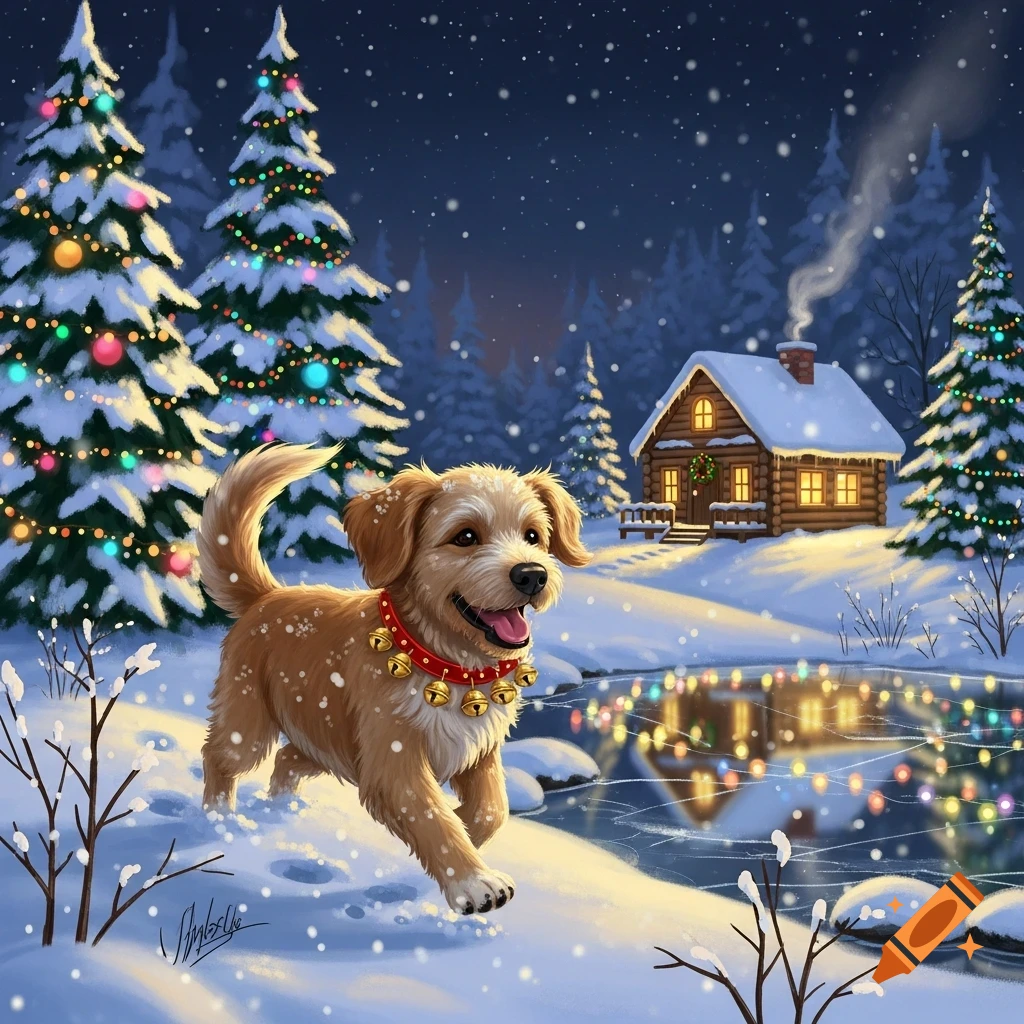 A happy golden-brown puppy with a red bell collar bounds through fresh snow in a festive winter forest scene with decorated Christmas trees, a cozy cabin, and a frozen pond at night.
