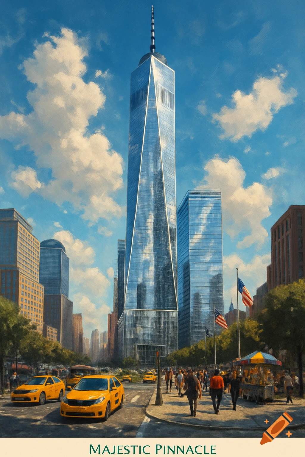 A painterly view of the One World Trade Center skyscraper towering over a busy street with yellow taxis and pedestrians in New York City.