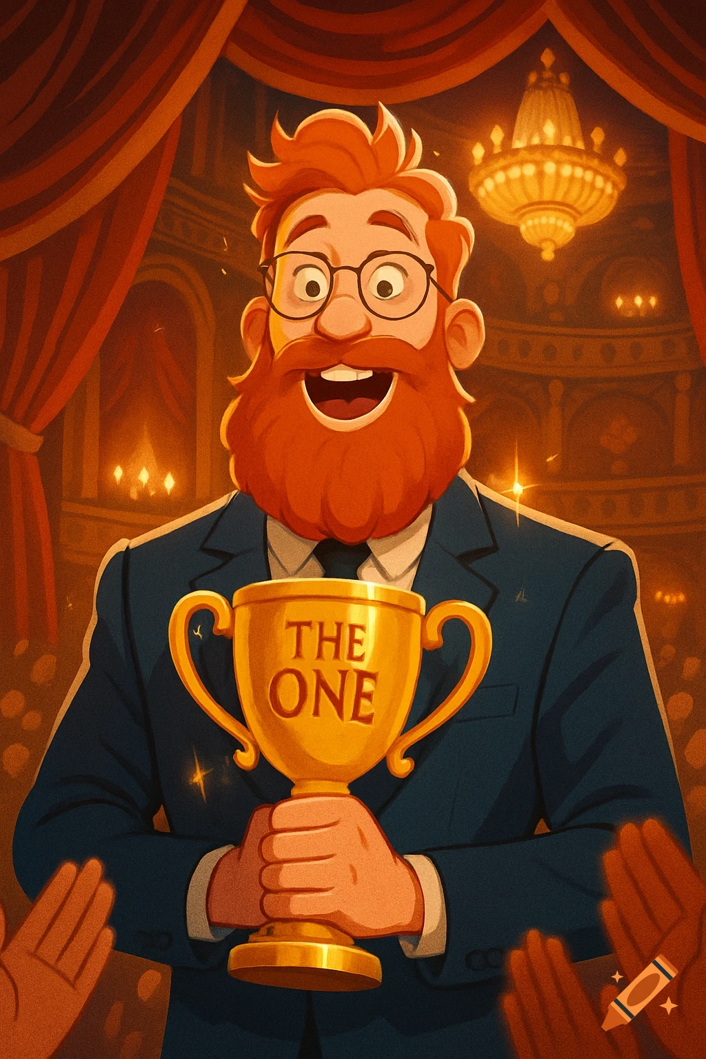 A happy, red-bearded man with glasses holds a golden trophy that says "THE ONE" on a stage, with hands clapping in the foreground. Cartoon style.