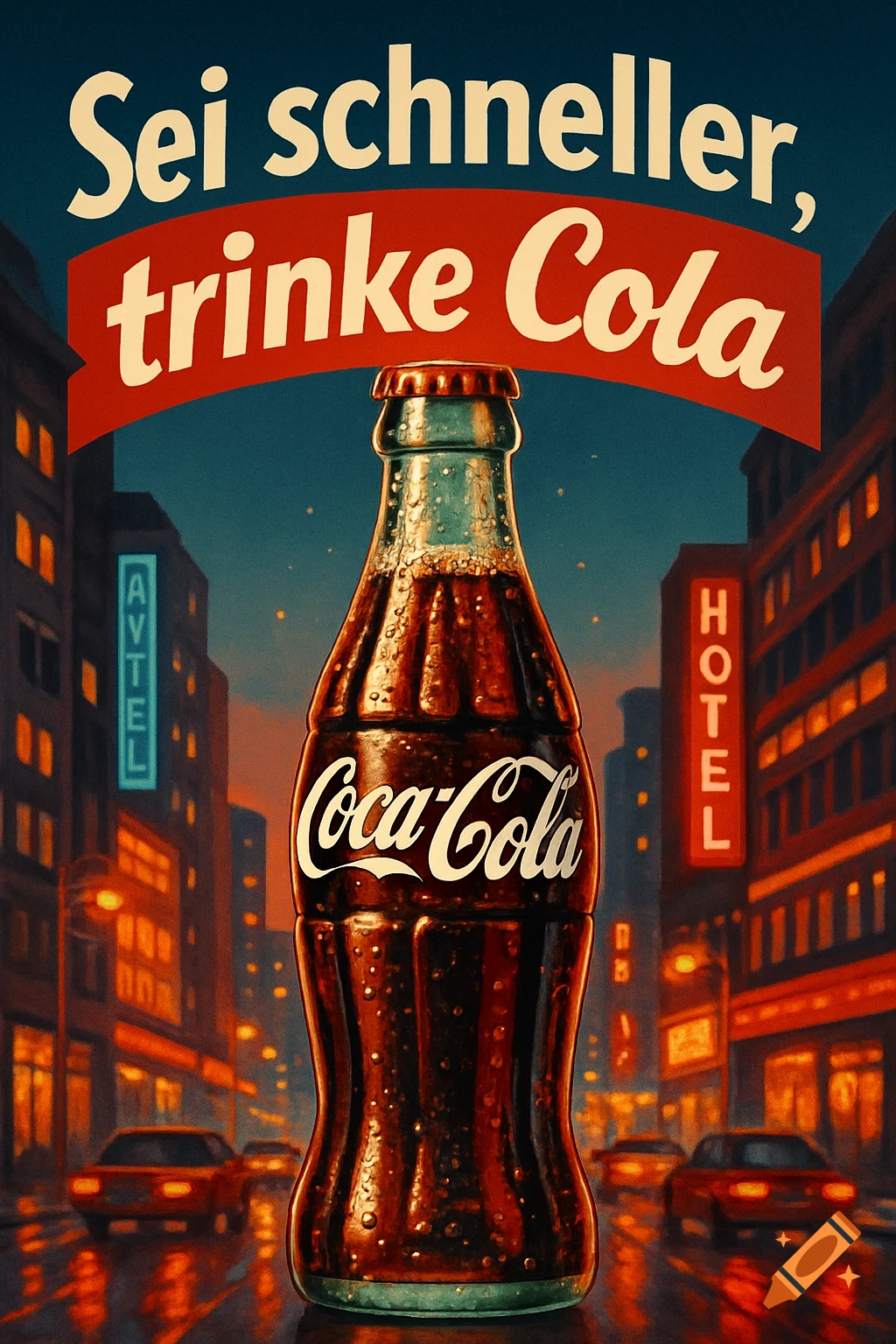 A vintage-style advertisement for Coca-Cola, featuring a bottle of soda in a rainy city street at night with neon signs.