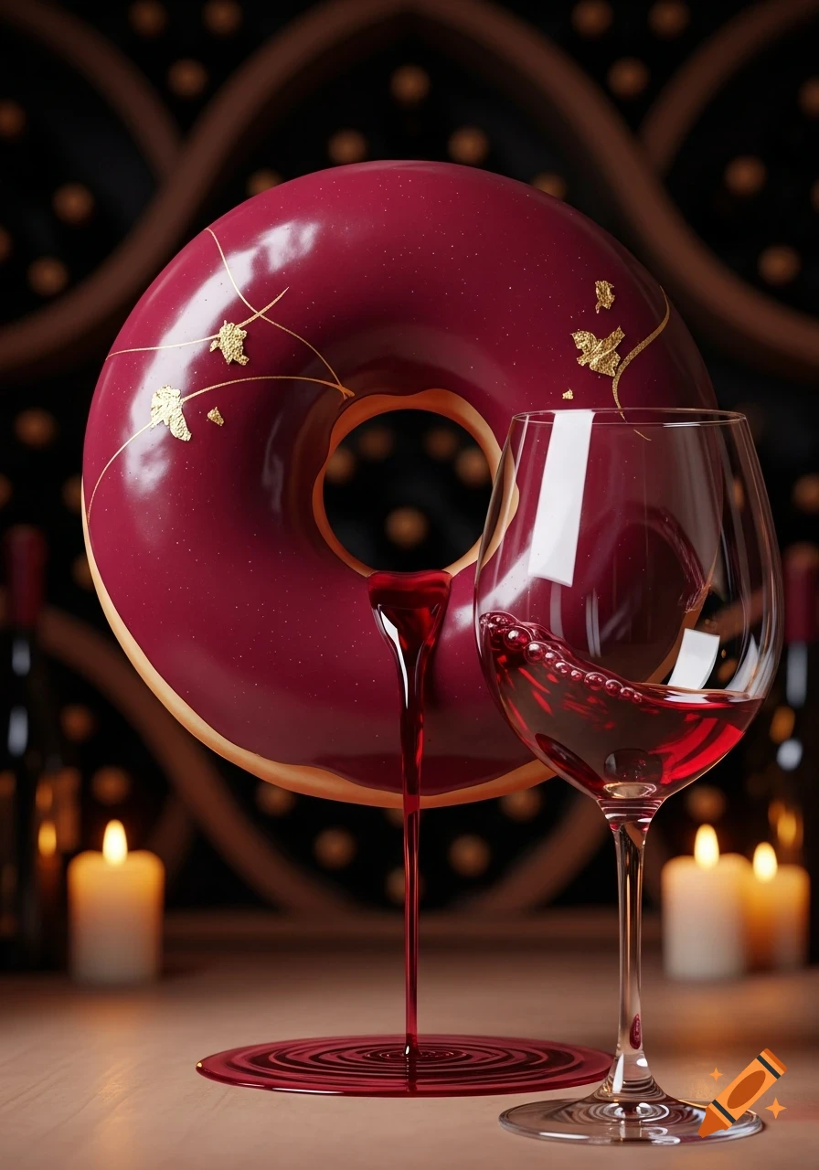 A large, glossy red donut with gold leaf detail, pouring red liquid onto a wooden table and into a wine glass, set against a blurred background of wine bottles and candles.