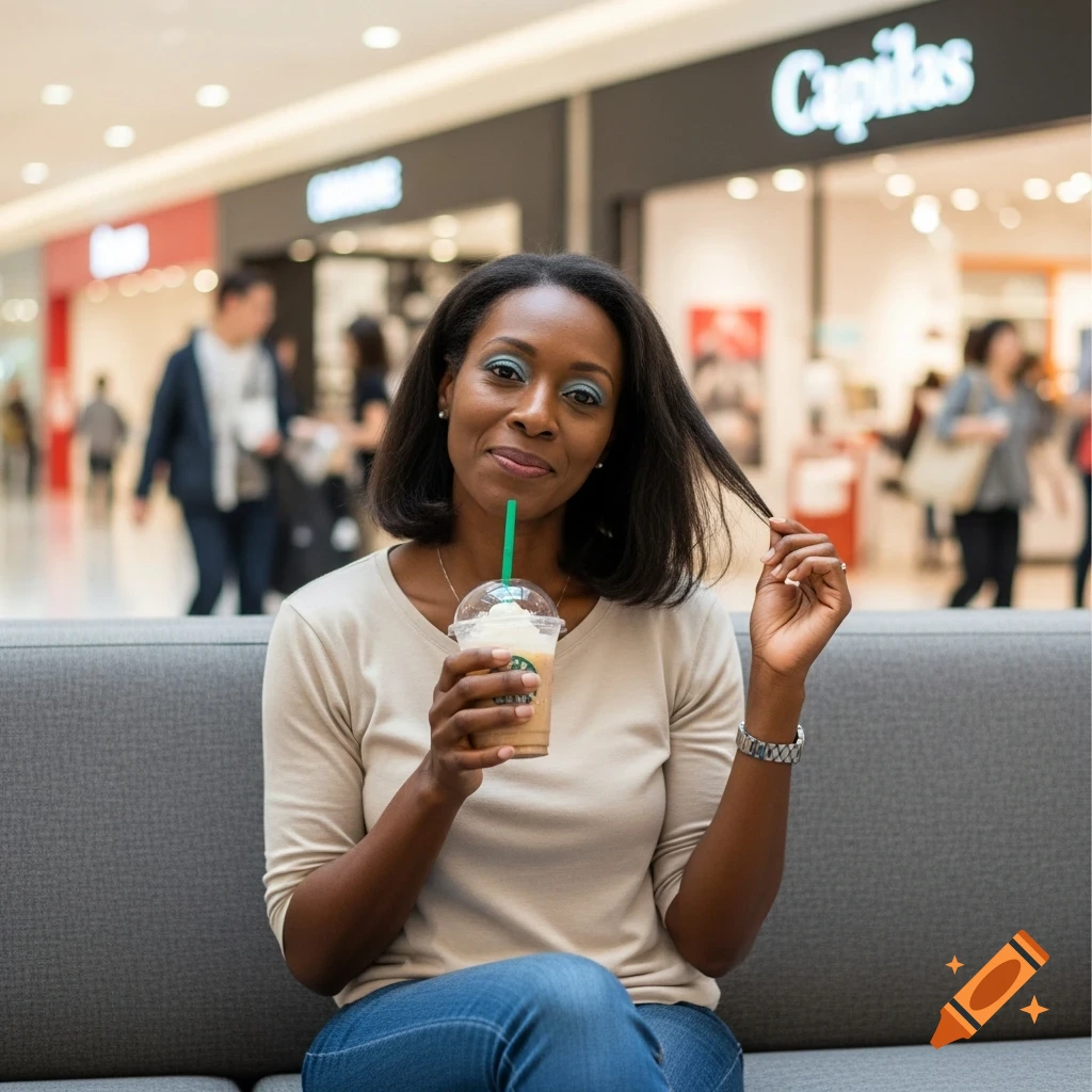 A smiling woman with light blue eyeshadow sits on a sofa in a mall, holding a frappe and pulling on her hair.