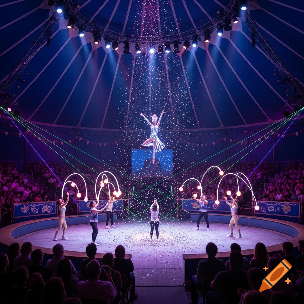 A vibrant, photorealistic circus performance inside a big top tent, with an aerialist, ground performers, falling confetti, and laser lights.