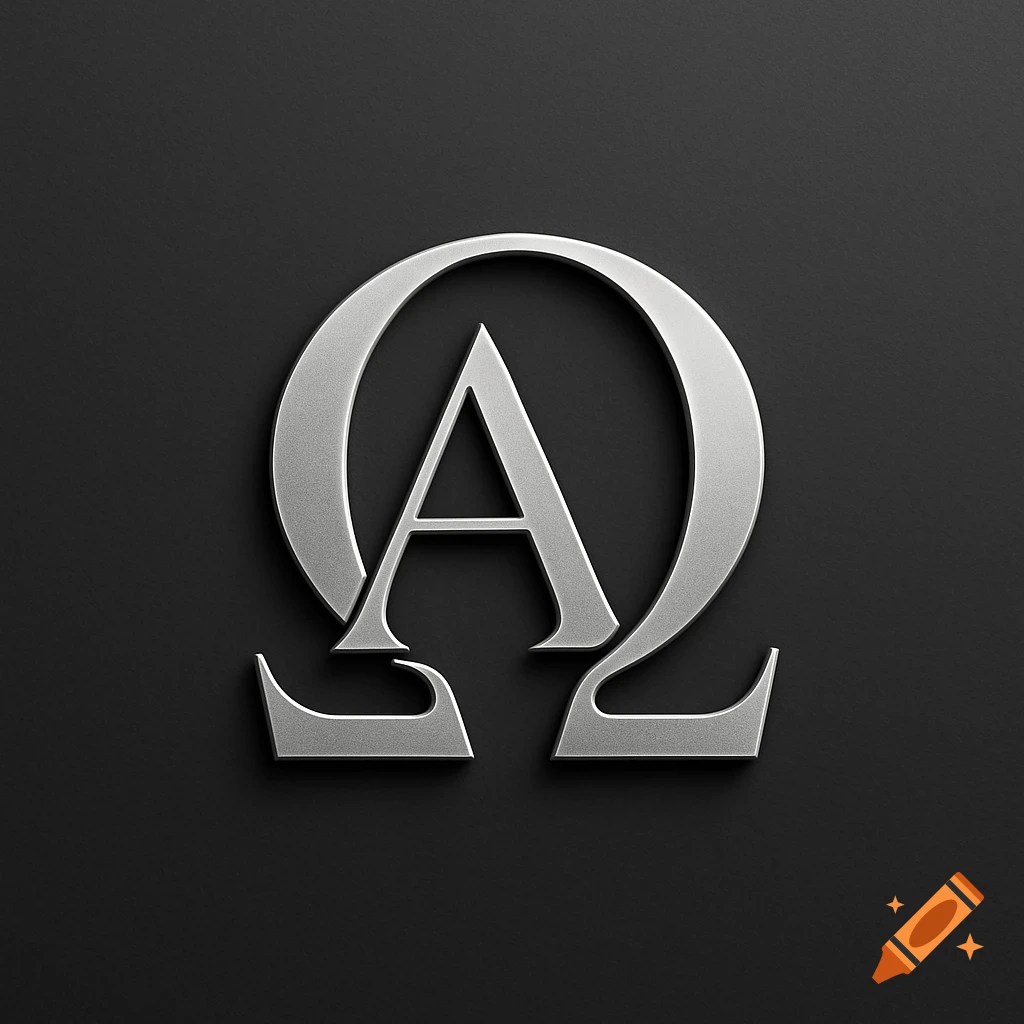 Silver Alpha and Omega letters intertwined in a modern logo design on a dark background.