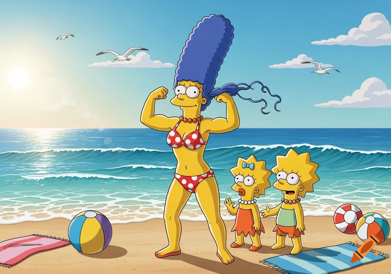 Marge Simpson flexing muscles in a red polka-dot bikini on a sunny beach, with Lisa and Maggie beside her, in a cartoon style.