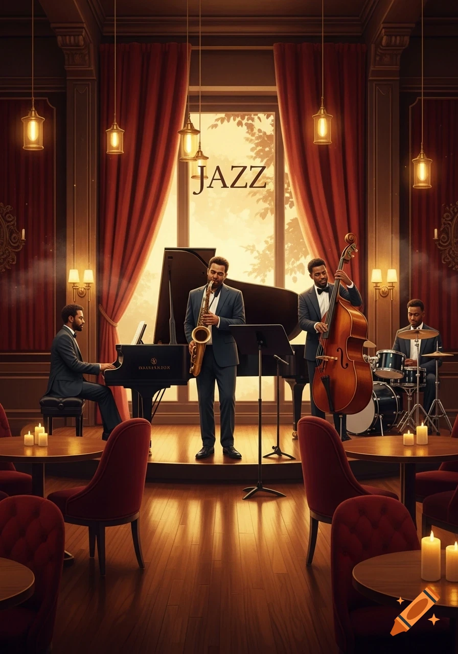 A jazz band performs on stage in a dimly lit lounge, with a pianist, saxophonist, bassist, and drummer.