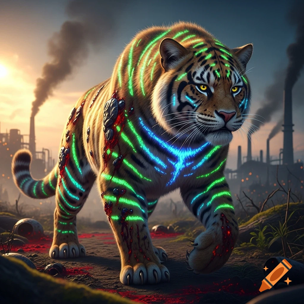 A fantasy Toxitiger with glowing green and blue stripes and dark, red-stained growths walks through a polluted industrial landscape under a dramatic sky.