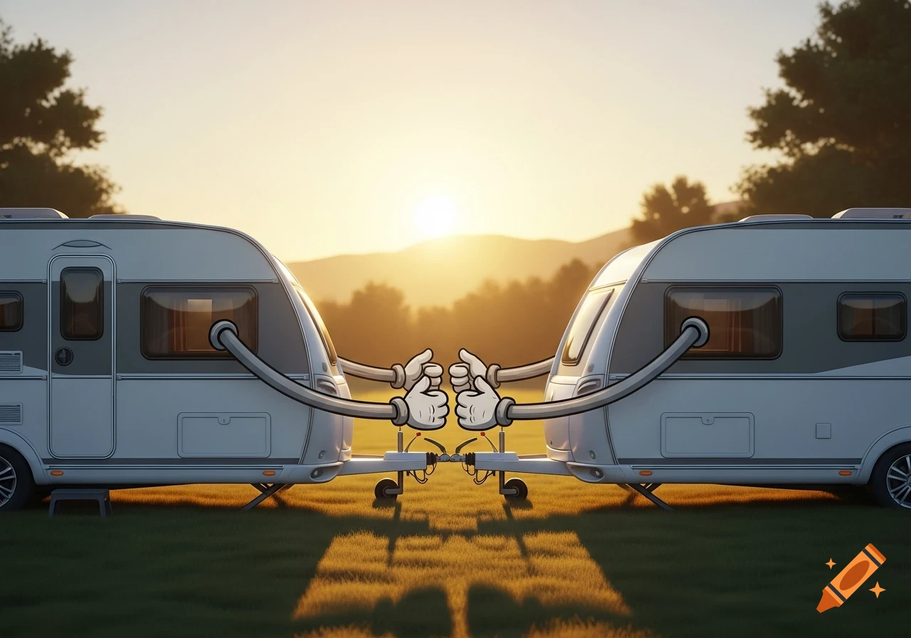 Two cartoon-style white caravans with arms embracing on a grassy camping site during sunset, with mountains in the background.