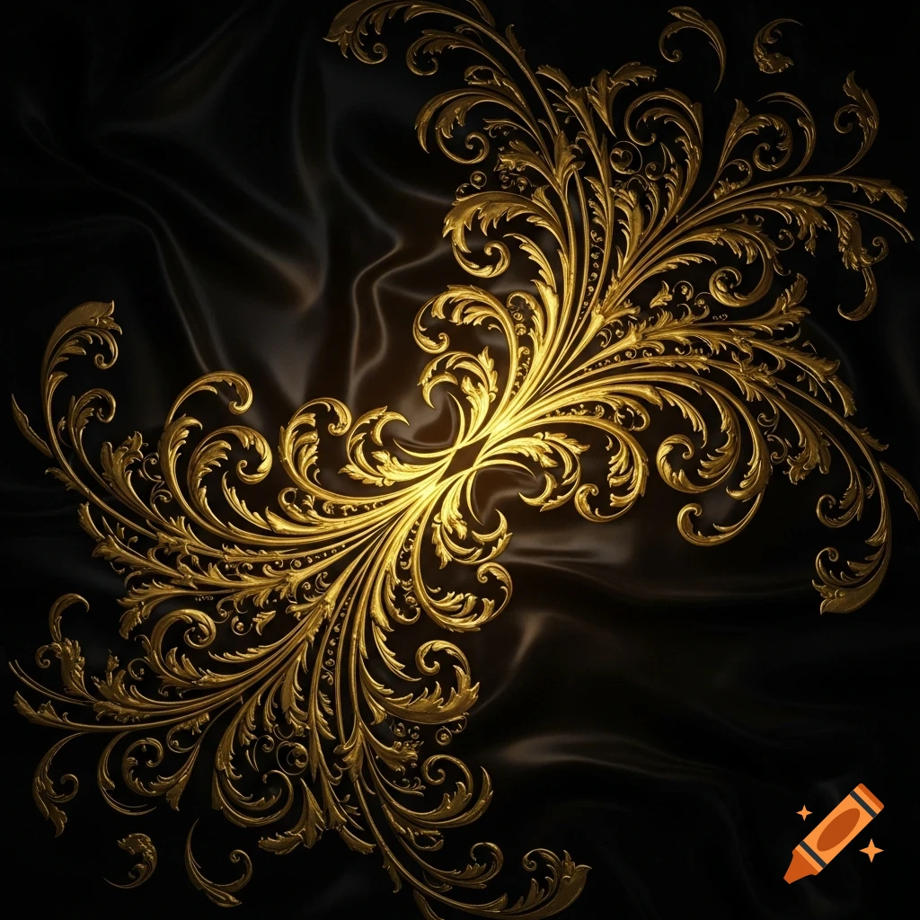 Ornate golden filigree and scrollwork patterns spread across a dark, satin-like black background, glowing from the center.