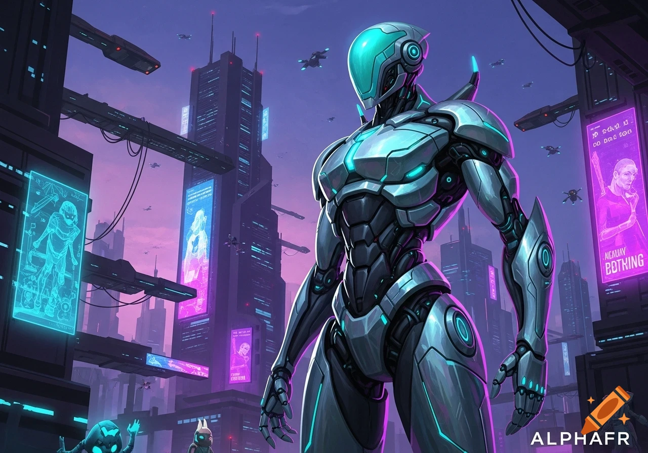 A large, sleek silver and cyan robot stands in a neon-lit futuristic city with flying vehicles and glowing billboards displaying gibberish text.