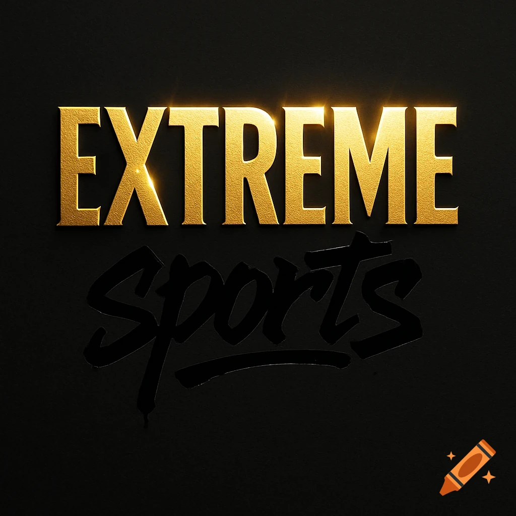 Metallic gold 'EXTREME' text with glowing highlights over subtle black 'Sports' graffiti on a black background, logo design.