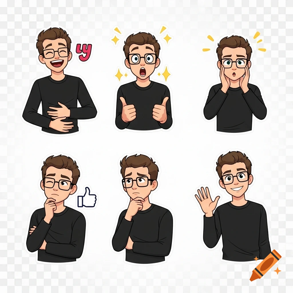 Six cartoon-style stickers of a man with glasses showing different emotions: laughing, surprised, thumbs up, thoughtful, and waving.