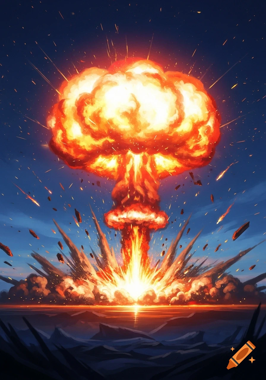 Stylized illustration of a massive, fiery mushroom cloud explosion erupting with debris into a dark blue sky.