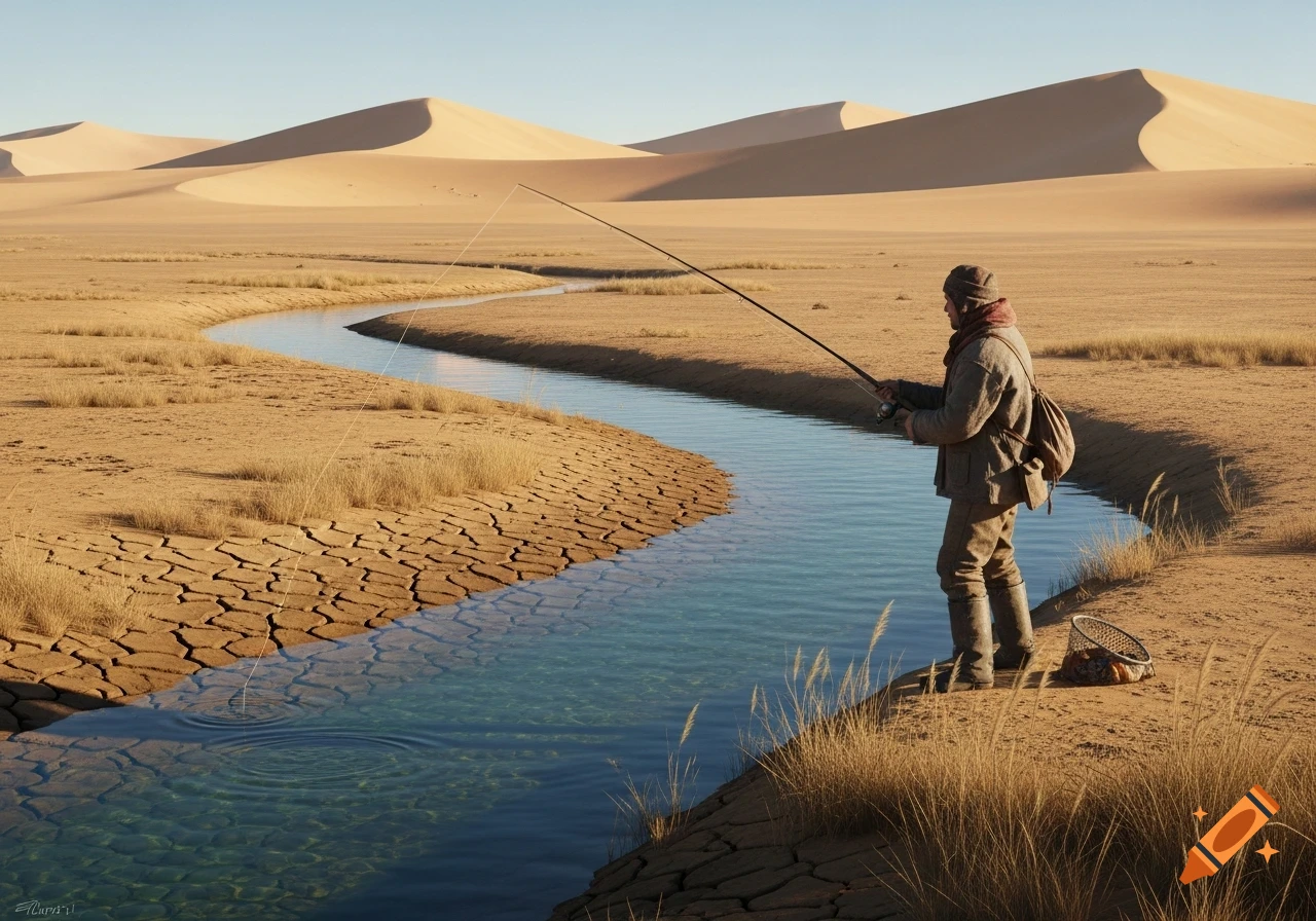 An ultra-realistic image of a lone man fishing in a winding stream through a dry desert with large sand dunes.