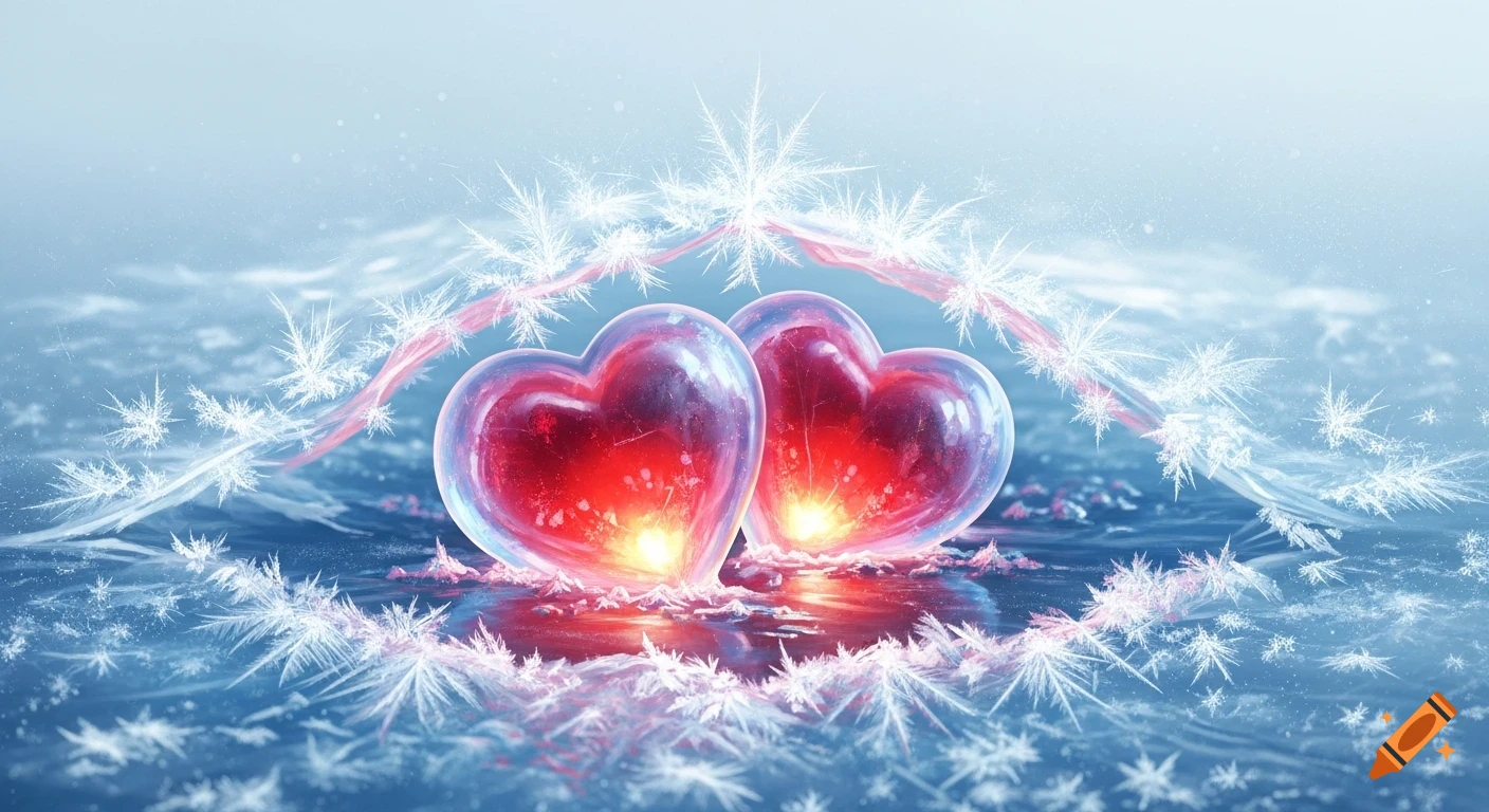 Two glowing red hearts nestled under ice and intricate white frost crystals on a light blue background.