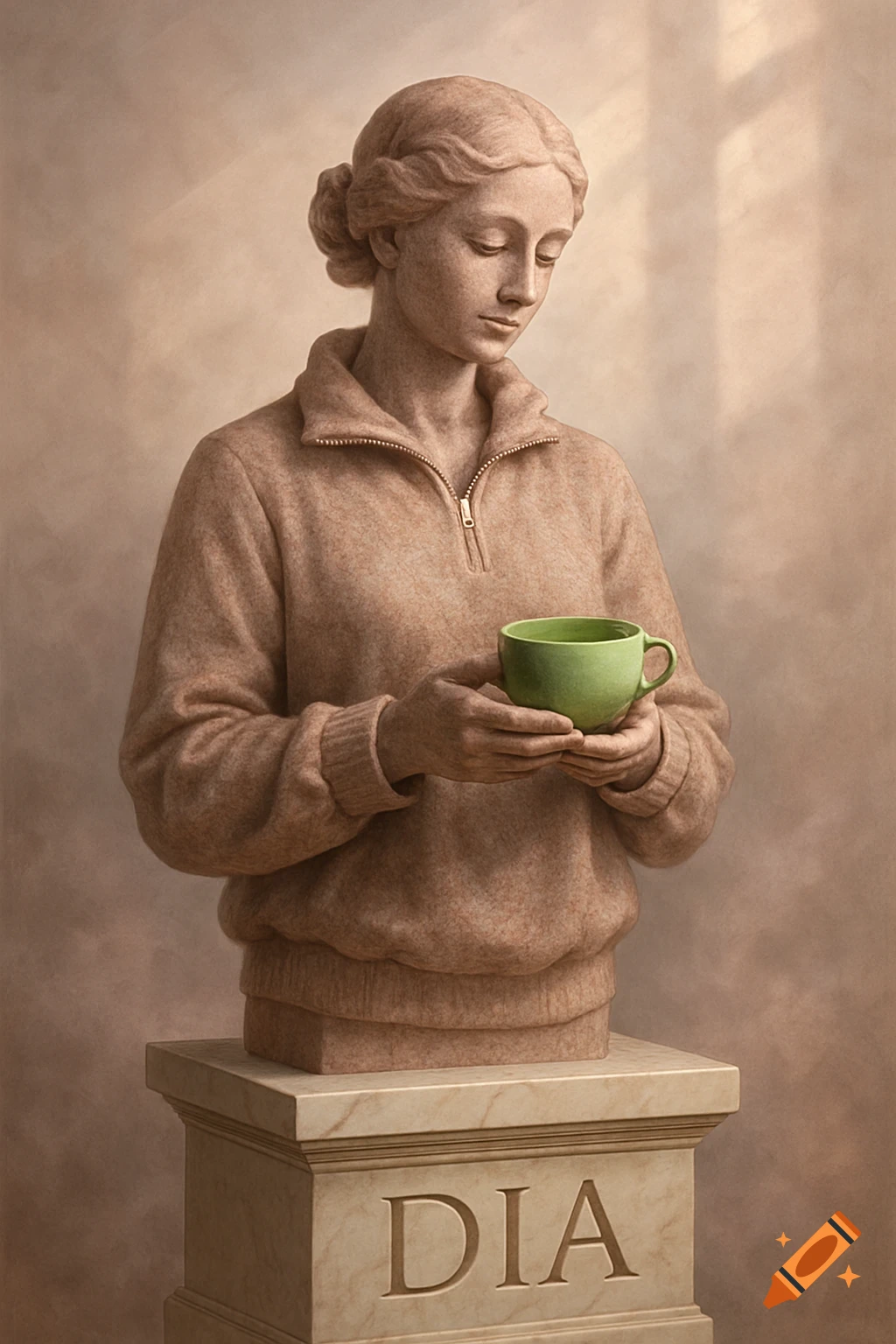 A realistic stone statue of a woman wearing a quarter-zip sweater, holding a green mug, with 'DIA' carved on the pedestal.
