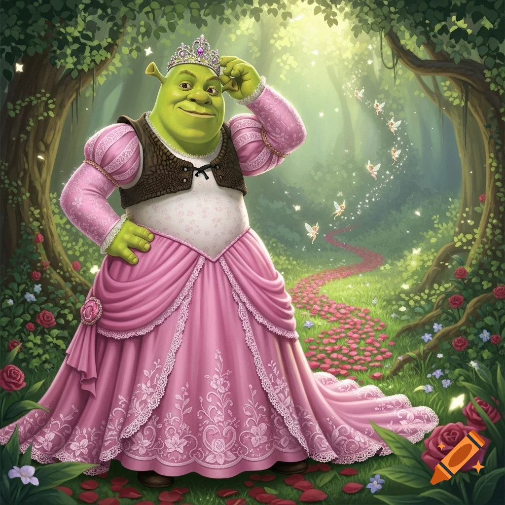 Shrek wearing a pink princess dress and crown, striking a pose in an enchanted forest with fairies and a rose petal path.