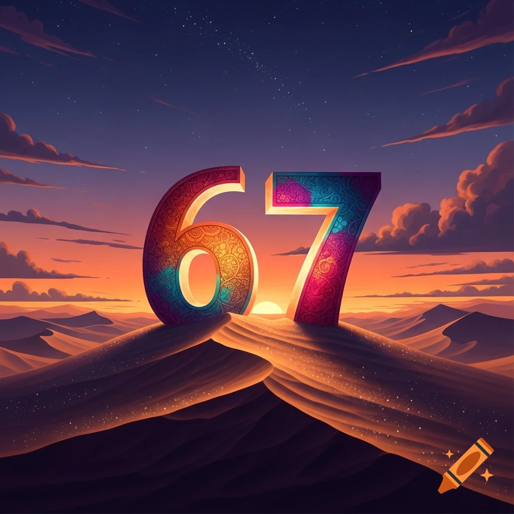 Large, ornate numbers 67 stand on a sandy dune under a vibrant sunset sky, with stars appearing.