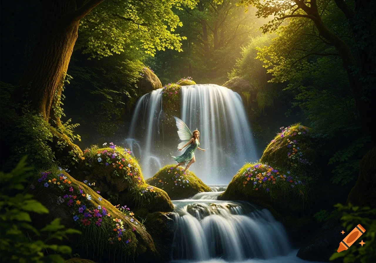A graceful fairy in a flowing green dress stands on a mossy rock amidst a vibrant, sunlit forest waterfall with colorful flowers.