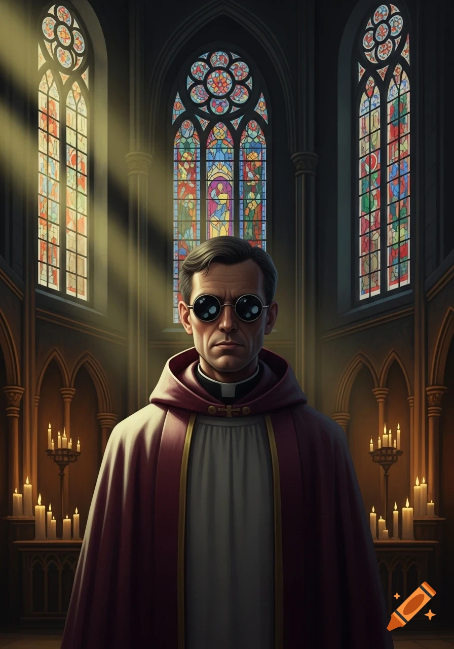A serious priest in red and white vestments and dark circle sunglasses stands in a gothic church with stained glass windows.