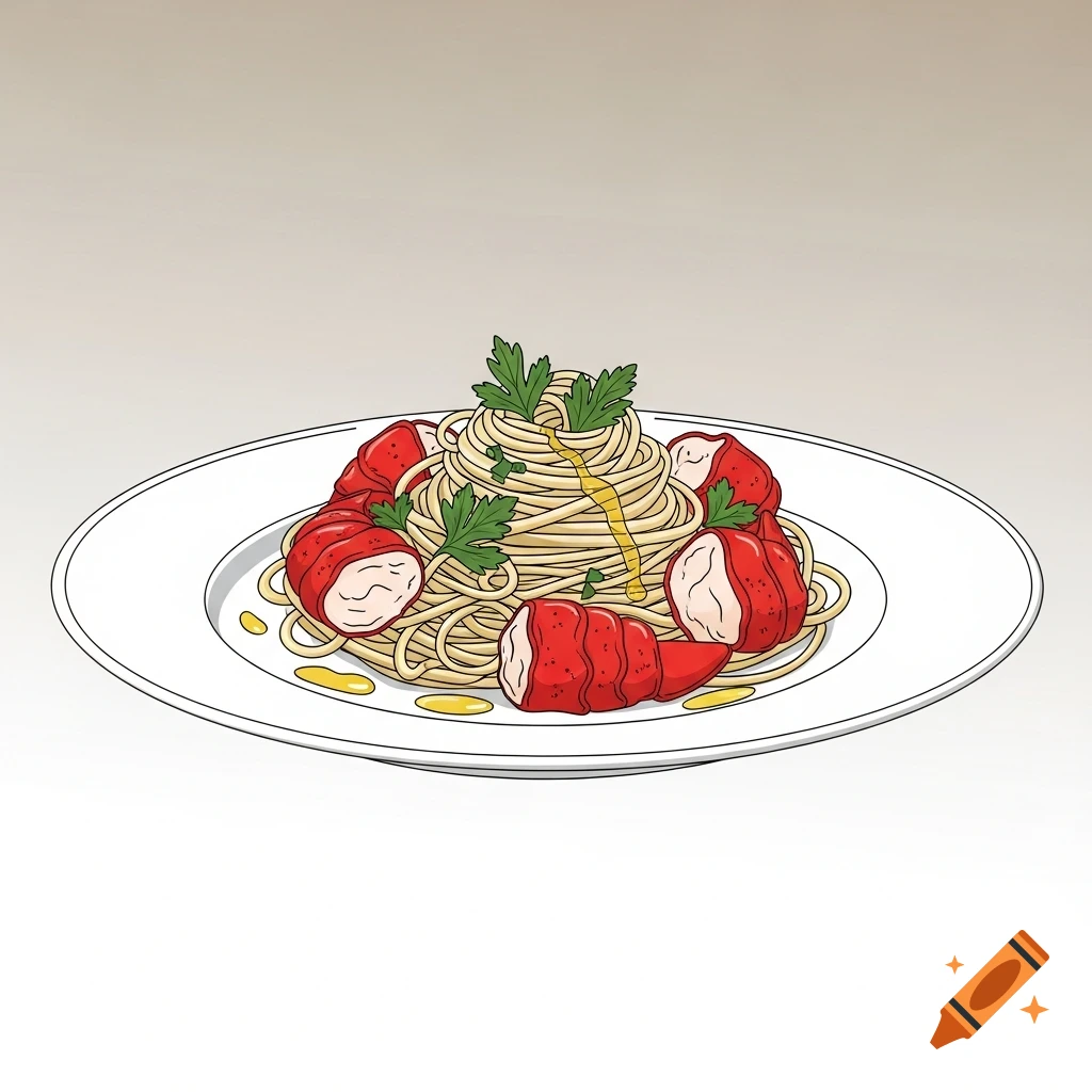 Minimalistic vector illustration of a plate of spaghetti topped with lobster tails, parsley, and olive oil.