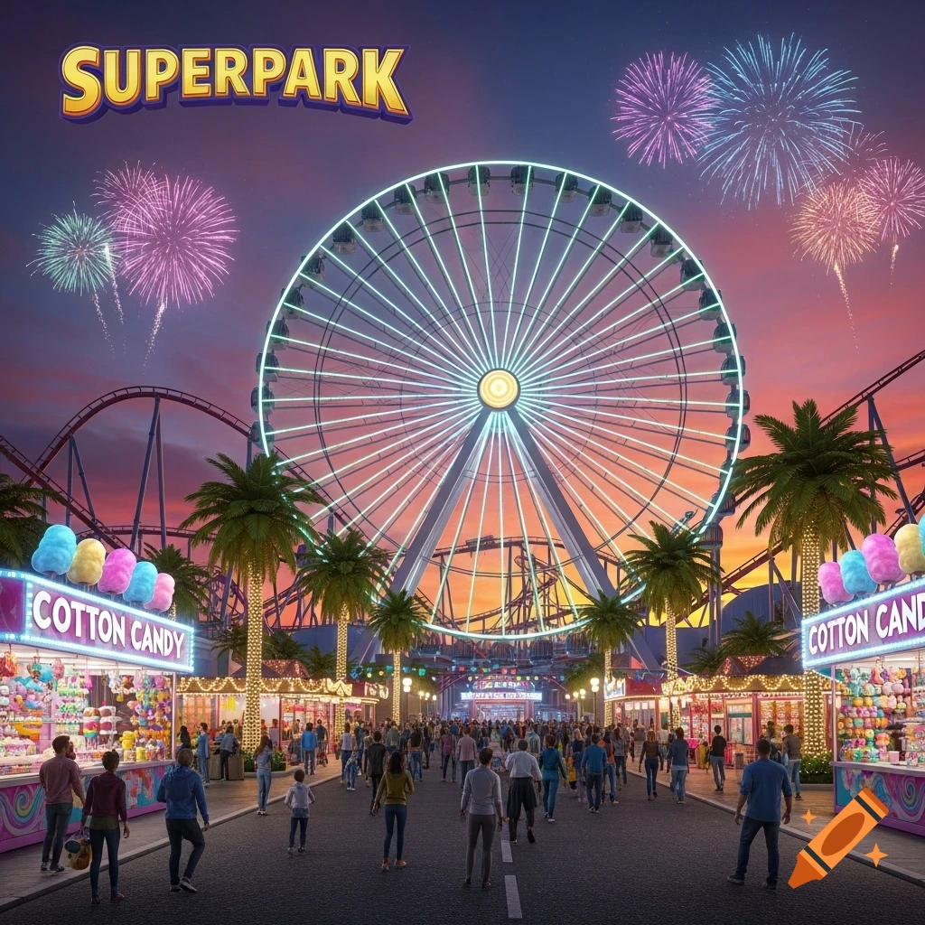 A vibrant amusement park at dusk with a large illuminated Ferris wheel, roller coasters, cotton candy stalls, and crowds of people. Fireworks light up the sky.