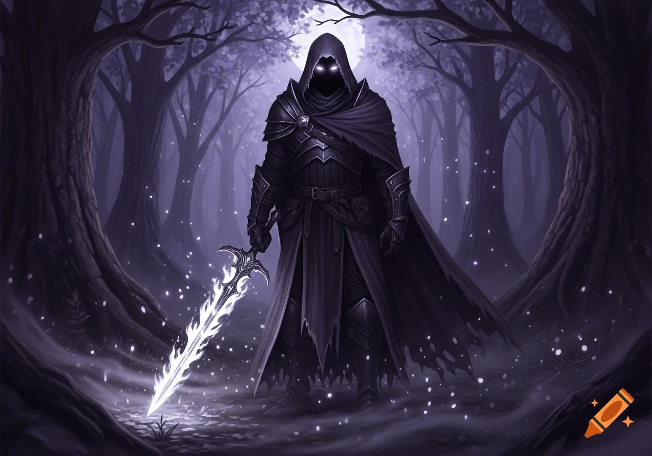 A hooded fantasy knight in dark armor with glowing eyes stands in a dark, ethereal forest, holding a glowing white sword.