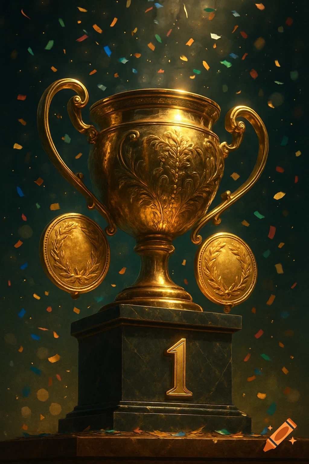 A gleaming gold trophy with ornate designs and two medals, on a dark marble base featuring a gold number '1', with confetti falling around it.