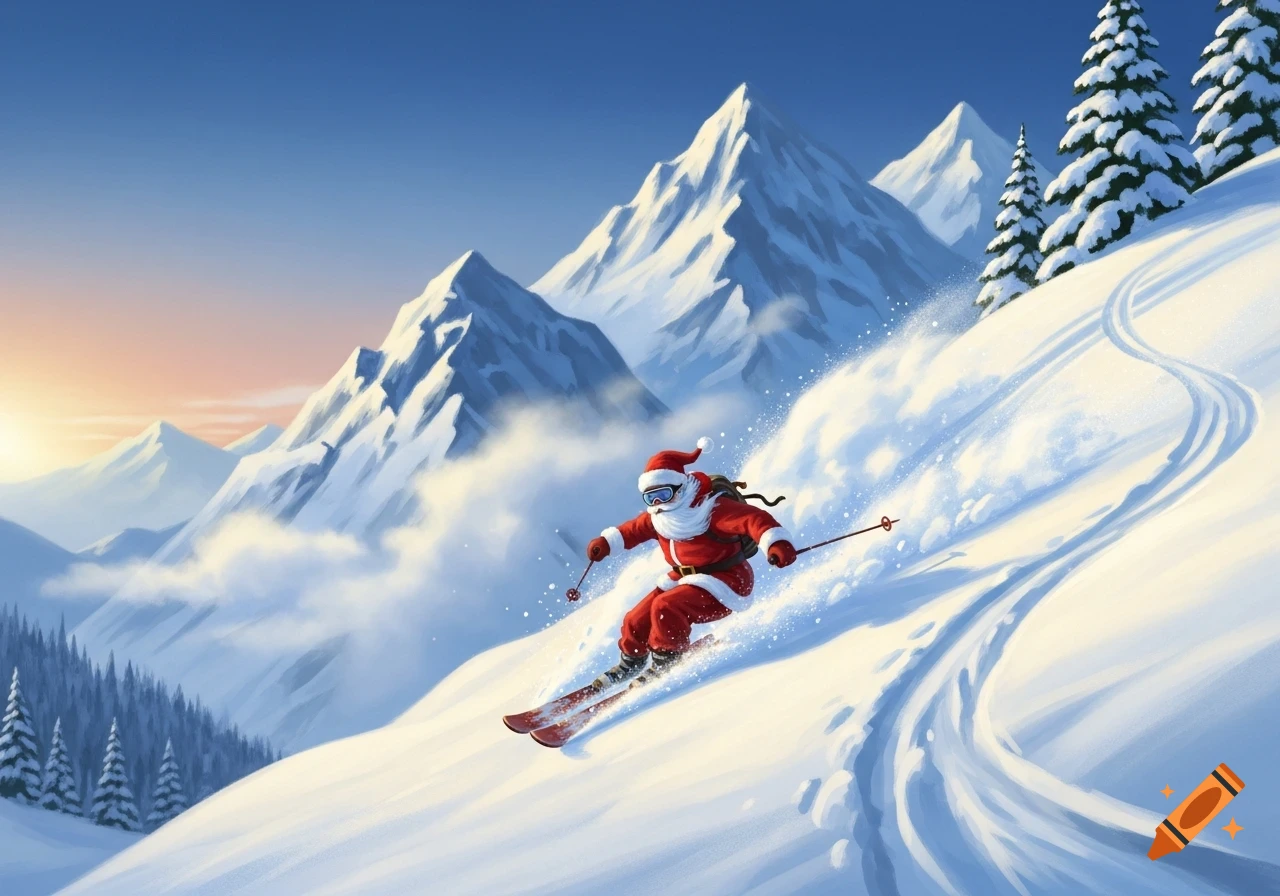 Santa Claus skis down a snowy mountain slope, kicking up snow, with majestic snow-capped peaks and evergreen trees under a bright blue sky.