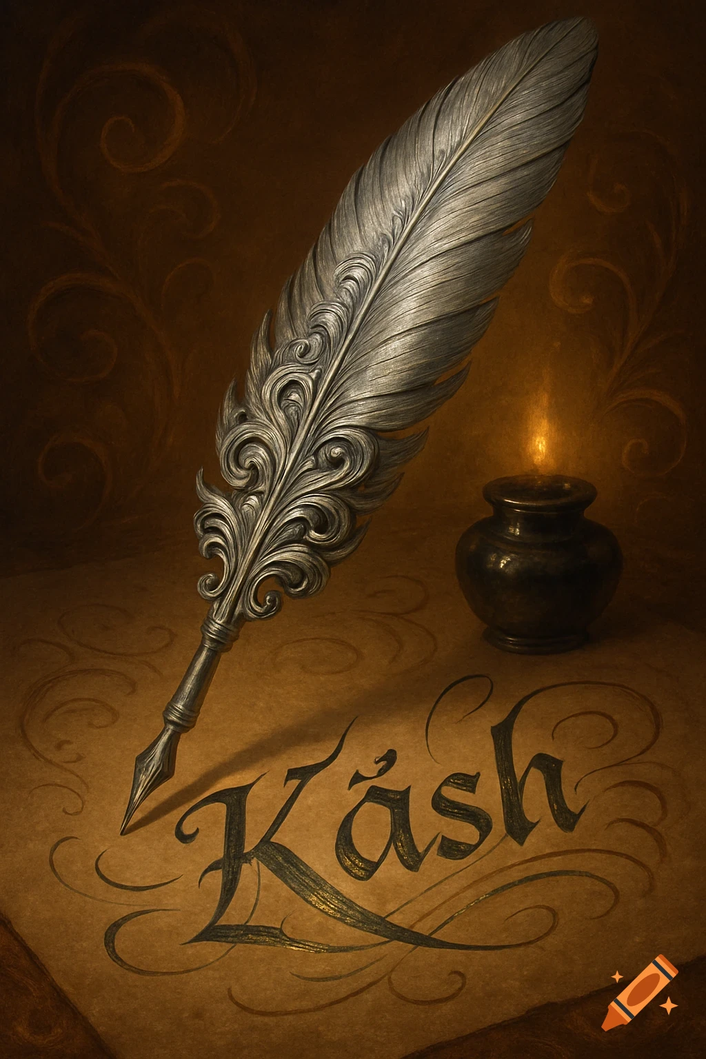 An ornate silver calligraphy feather next to a dark ink pot on old parchment, with the name 'Kâsh' in script.