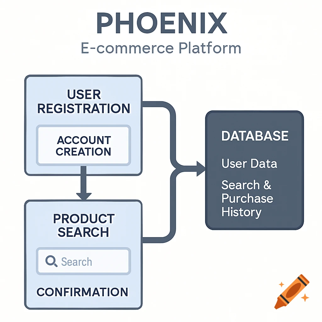 A block diagram titled 'Phoenix E-commerce Platform' illustrating user registration, account creation, product search, and data storage in a database.