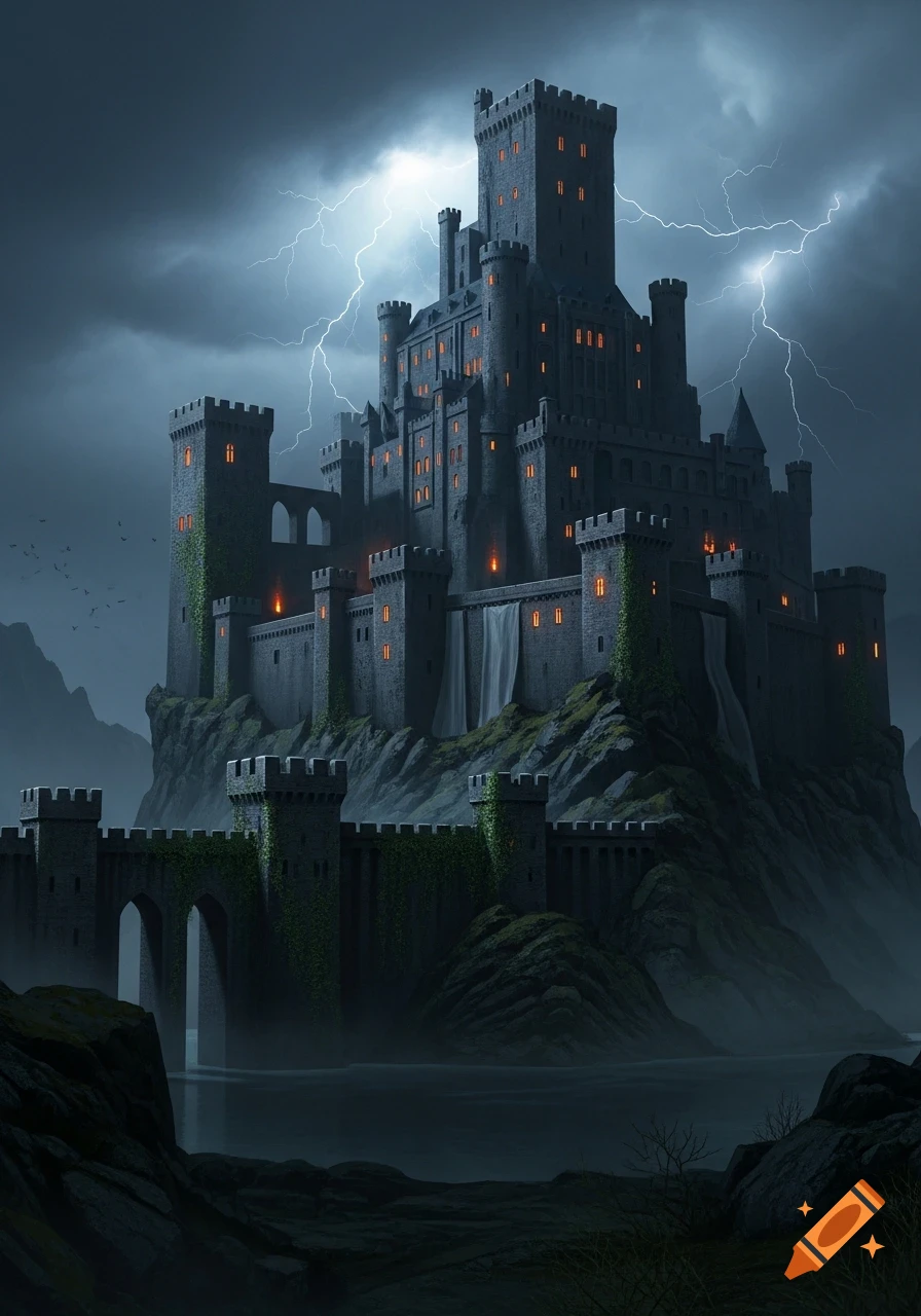 A dark, formidable stone castle on a rocky cliff under a stormy sky with lightning and a waterfall.