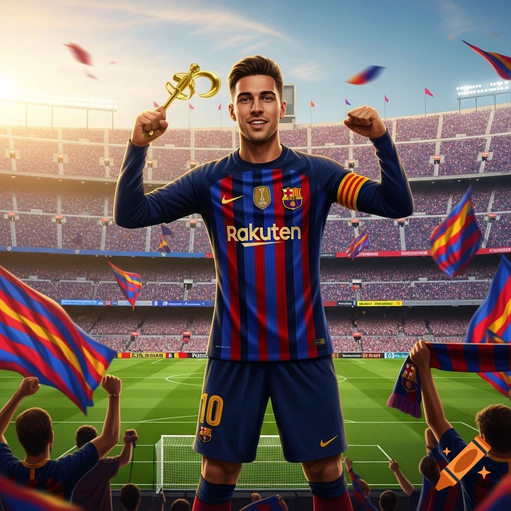 A smiling soccer player in a blue and red Barcelona jersey with number 10, holding a golden key, celebrates in a packed stadium. Flags and confetti are in the air. Photorealistic.