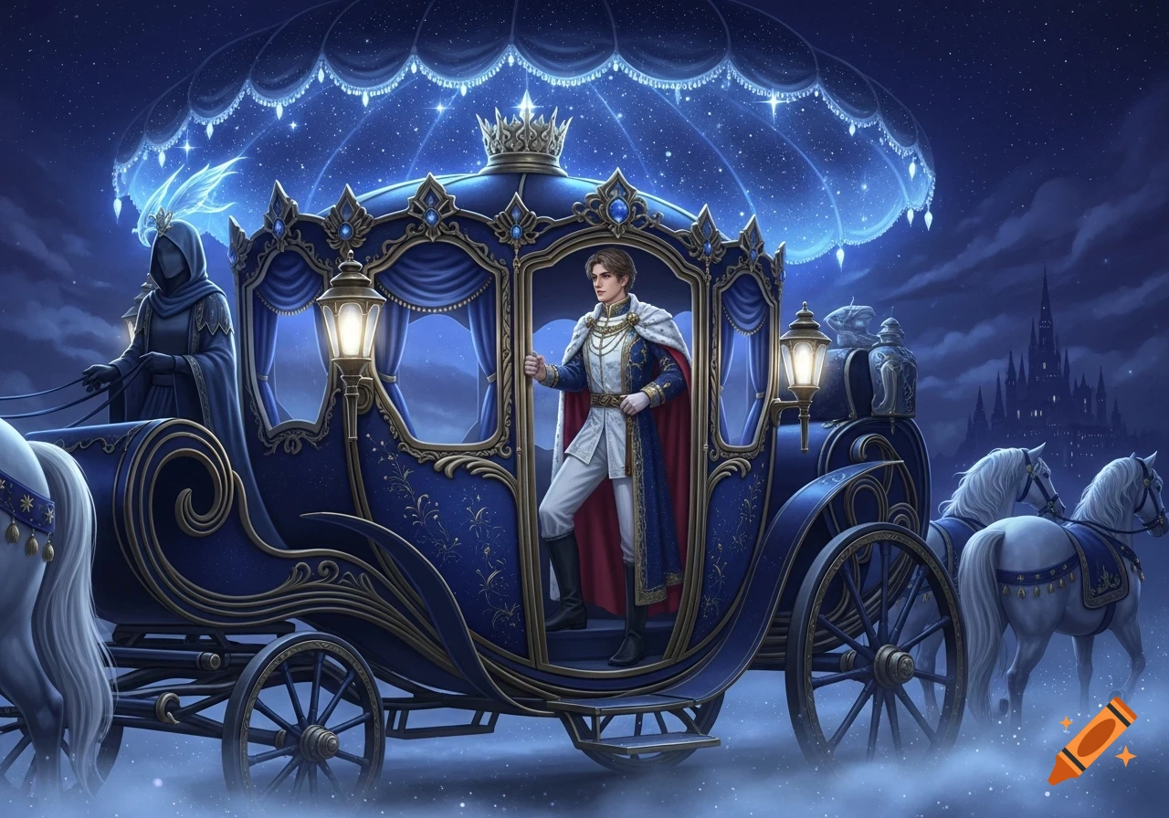A prince in royal attire stands in a lavish blue carriage with a cloaked driver, pulled by white horses under a starry night sky.