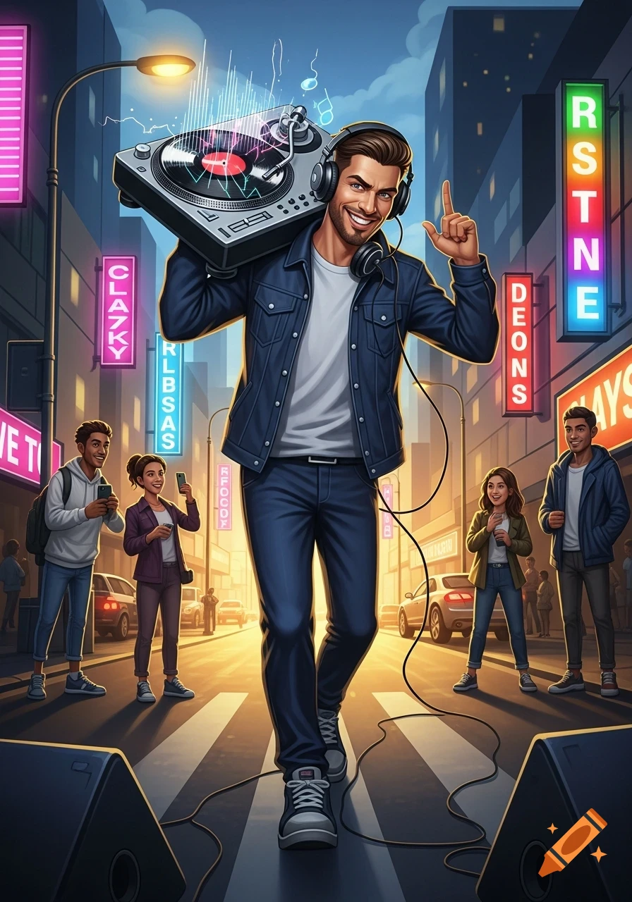 A cool, smiling DJ with headphones carries a turntable on his shoulder on a vibrant city street with neon signs and people, in a cartoon style.