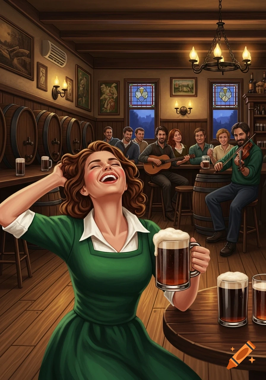 An illustration of a laughing woman in a green dress holding a mug of beer in a lively Irish pub with musicians and other patrons.