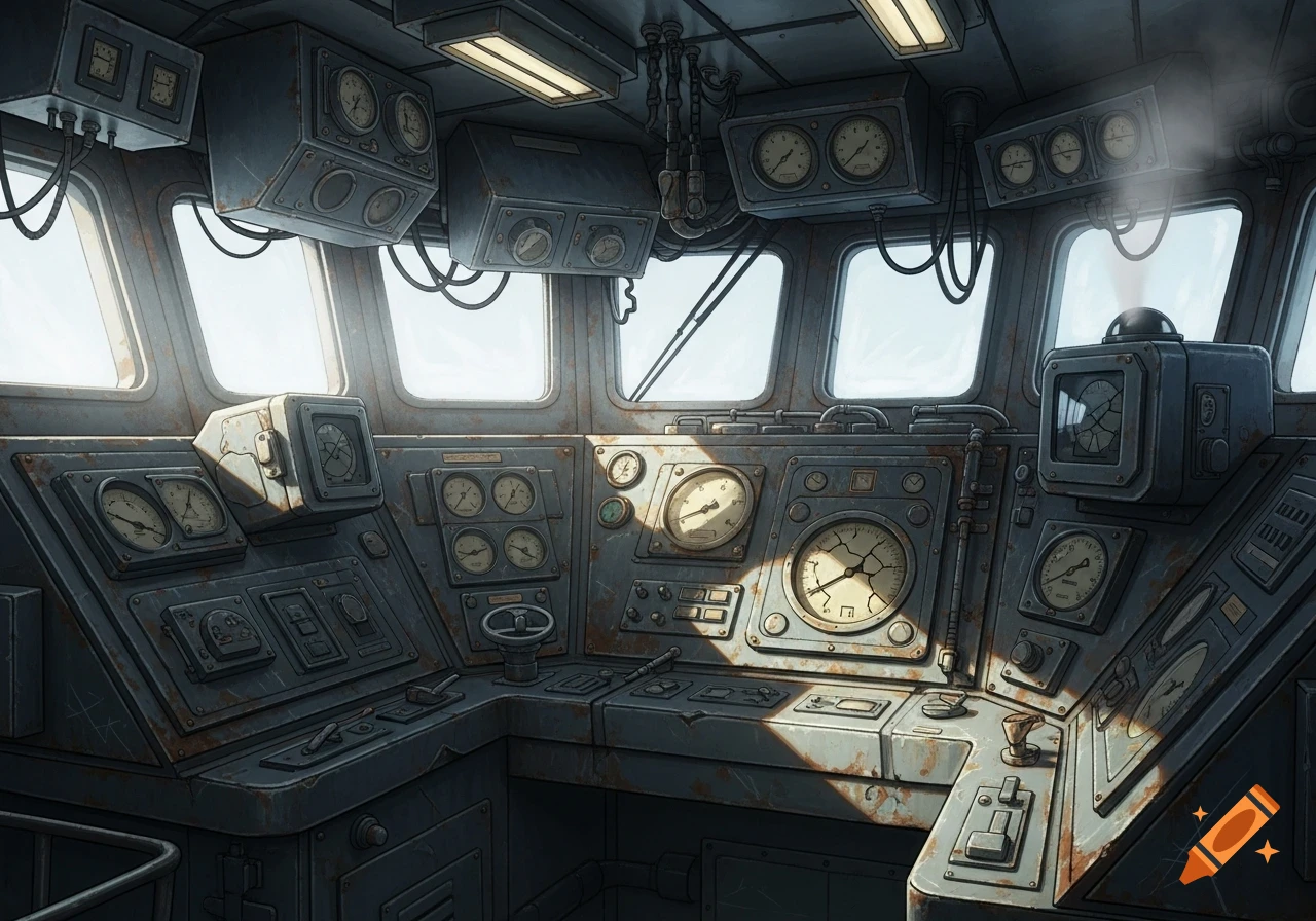 Interior of a damaged, rustic ship's control room with numerous dials, gauges, levers, and large windows.
