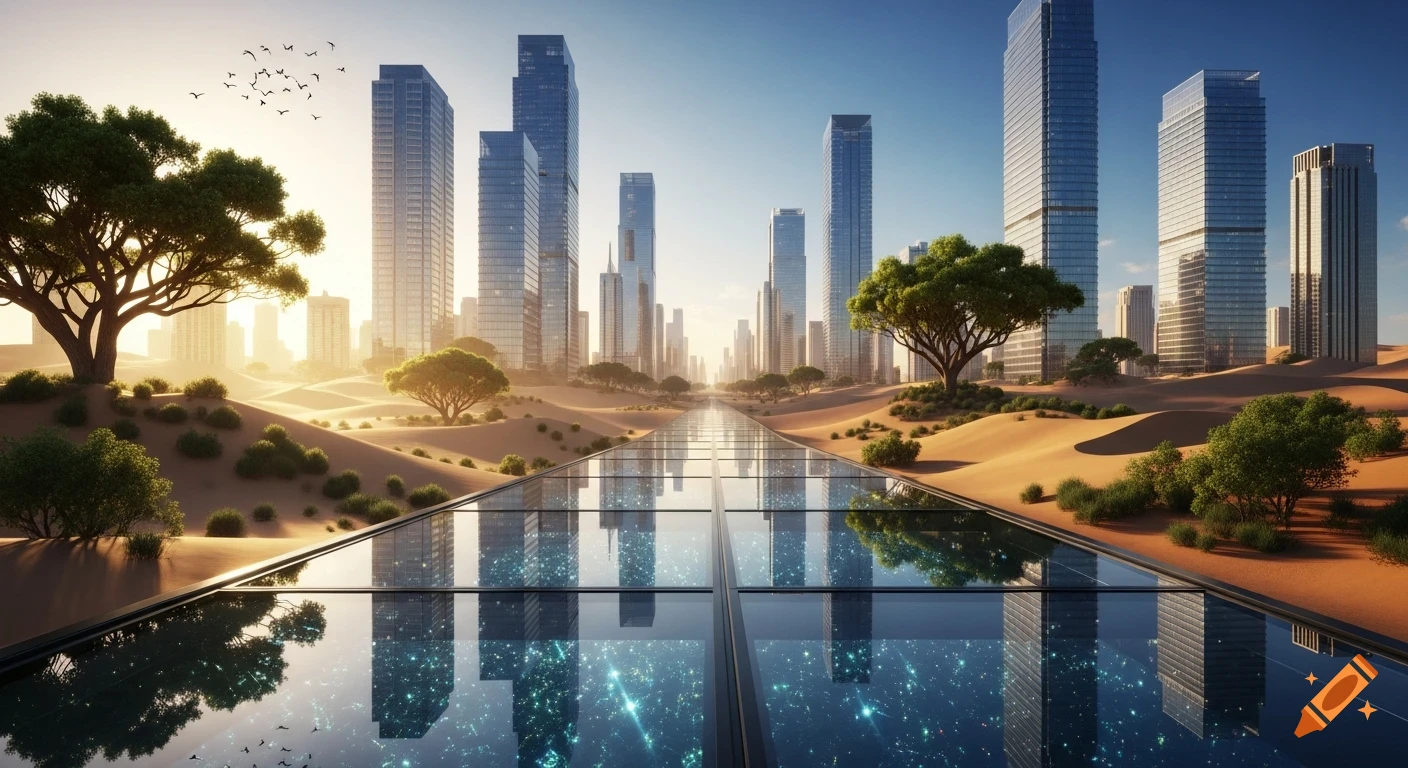 A futuristic city in a desert with tall glass buildings, sparse trees, and a reflective glass bridge showing blue, sparkling reflections.
