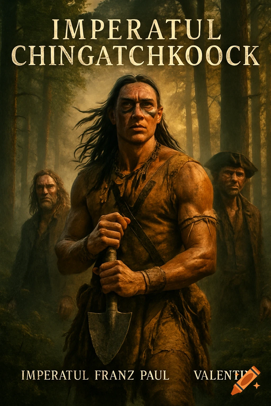 A film poster featuring a Native American warrior holding a shovel in a forest, with two other men in the background.