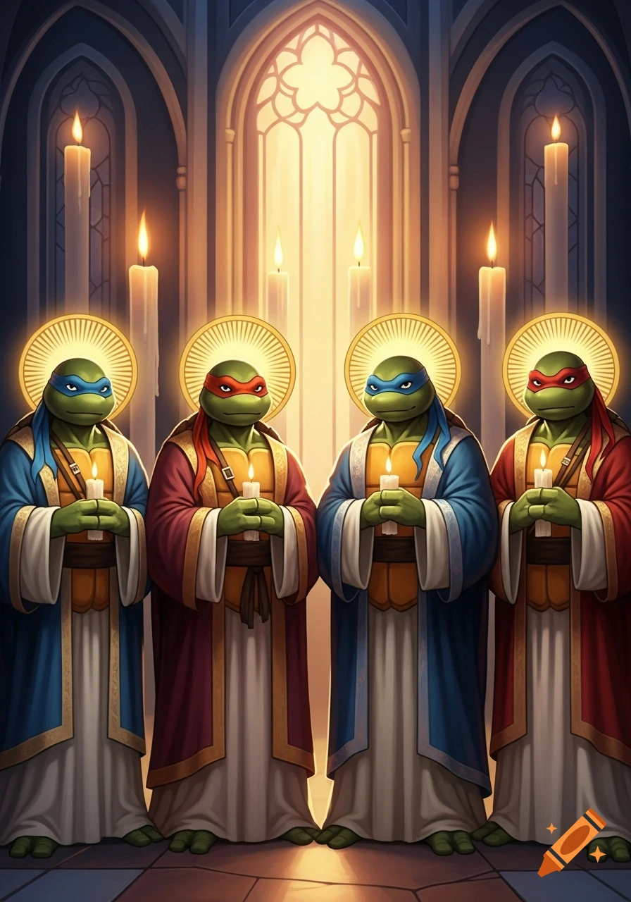 Four Teenage Mutant Ninja Turtles dressed in religious robes like saints, holding lit candles with halos in a church setting.