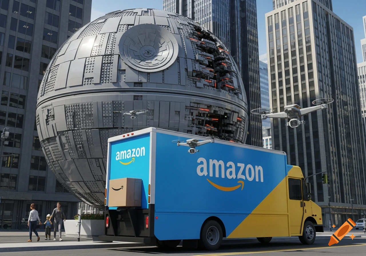 A huge Lego Death Star looms over an Amazon delivery truck on a city street, with delivery drones flying around.