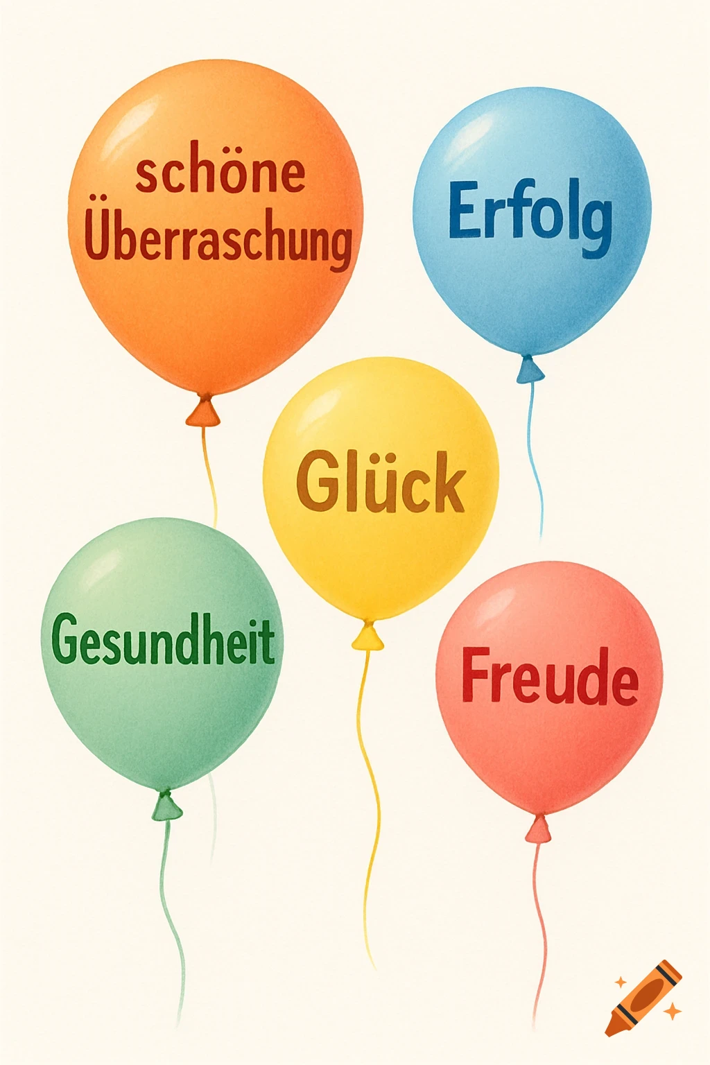 Five colorful balloons with German words 'Schöne Überraschung', 'Erfolg', 'Glück', 'Gesundheit', 'Freude' on a light background, illustration.