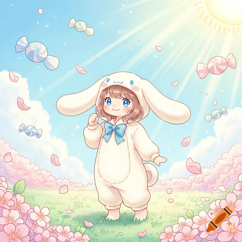 A cute anime girl in a white Cinnamoroll costume smiles in a pastel flower field with candies floating under a sunny sky.