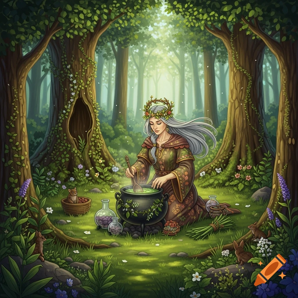 An illustrated herbal witch stirring a cauldron in a magical forest surrounded by trees, flowers, and small animals.
