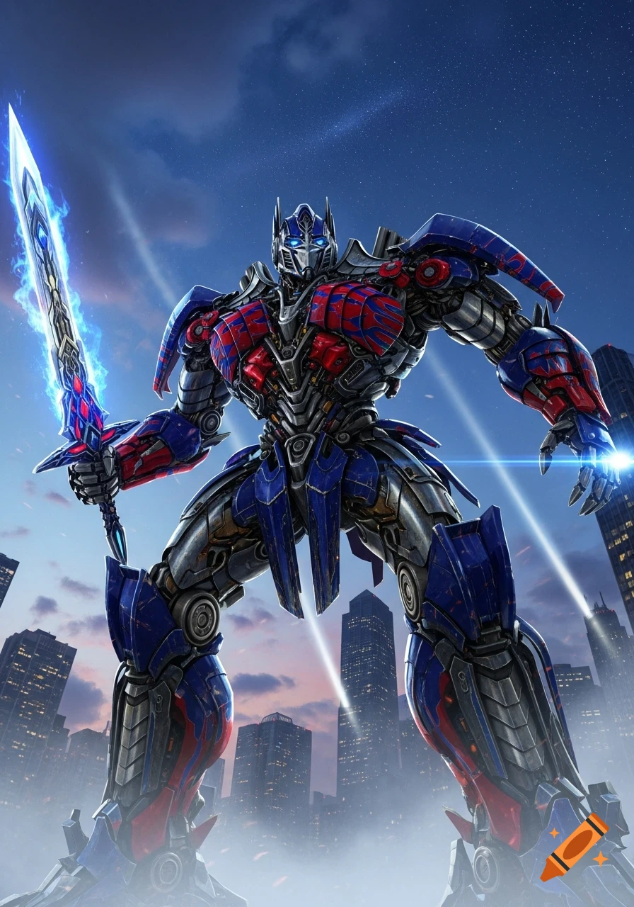 Optimus Prime stands majestically with a glowing blue sword, against a city skyline and a starry night sky.