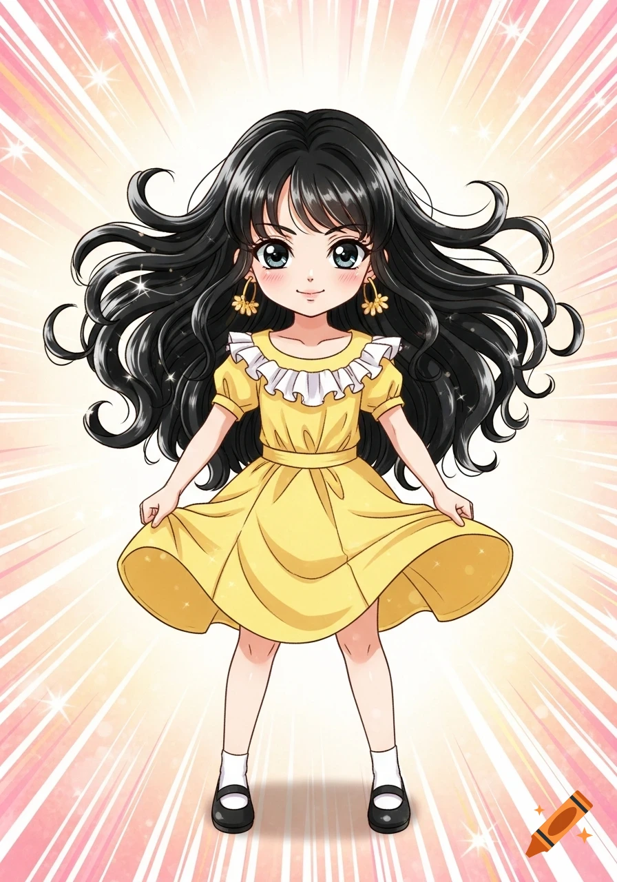 A small shojou anime girl with long curly black hair, wearing a yellow dress, standing against a sparkling pink and yellow background.